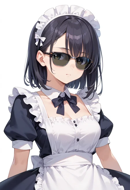 score_9, score_8_up, score_7_up, rating_safe, masterpiece, best quality, absurdres, unity 8k wallpaper, official art, official style, source_anime, uncensored, game cg, megami magazine,
1girl, solo, black hair, medium hair, upper body, covered eyes,maid, maid headdress, black dress, maid apron,
sirmont, sunglasses, white background, simple background, reflection, glasses, english text, black-framed eyewear, grey-framed eyewear, two-tone eyewear, covered eyes,
<lora:glasses_clubmaster_PONY_V1:1>