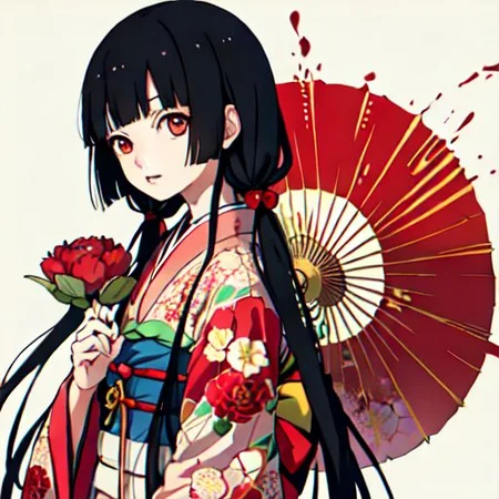 enma ai, hair down, hair black, bangs, eyes red, masterpiece, best quality, ultra-detailed, illustration, 1girl, solo, highres, photorealistic, ultra high res, (Original illustration composition), (fusion of limited color,Maximalism artstyle, kimono obi fashion, double exposure, background, illustration, Amazing, lily spider, night darkness, open one's mouth, middle finger show, bouquet flowers red, low twintails, (polychromatic peony:1.15), Movie poster,