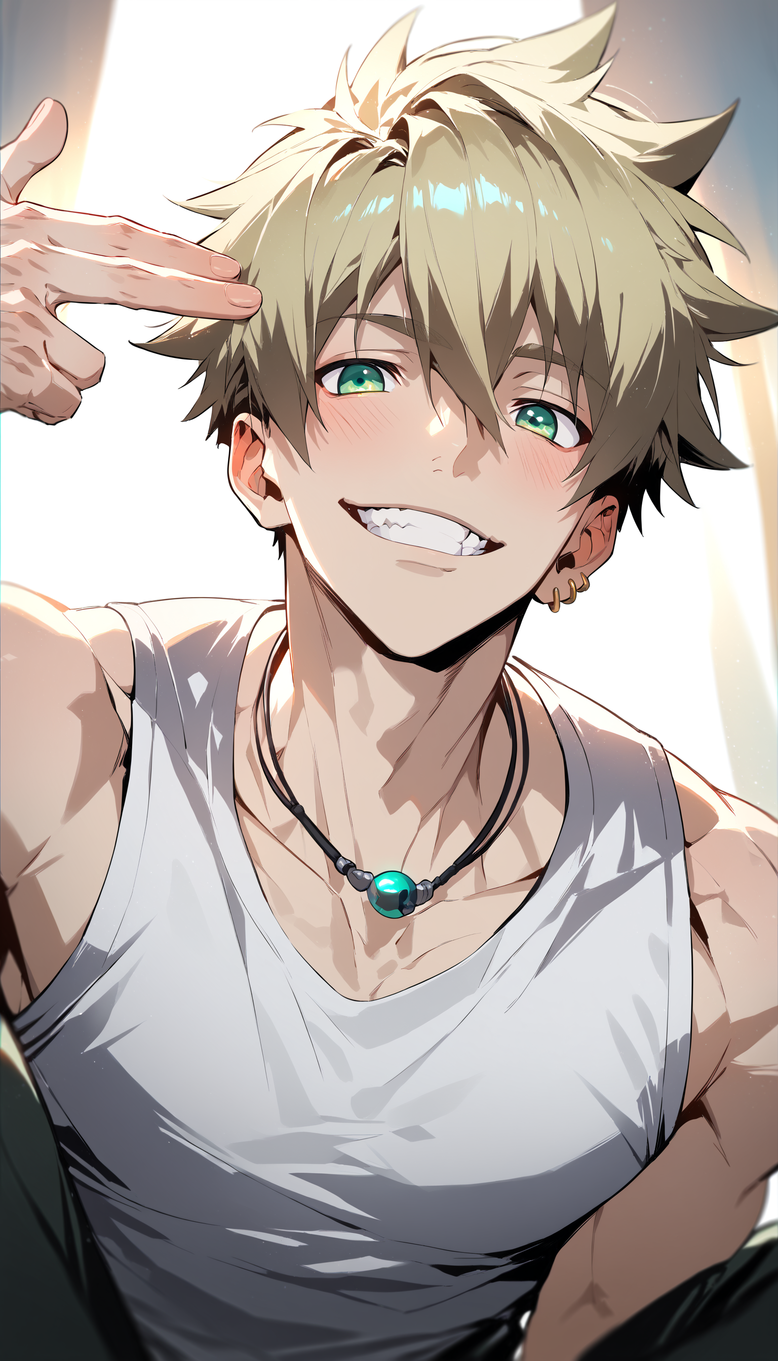 score_9, score_8_up, score_7_up, zPDXL2, rating_explicit, source_anime, nsfw, uncensored, boy focus, 22yo, cute face, year 2023, Expressiveh, perfect lighting, very aesthetic, rating explicit, handsome masculine face, male focus, 1boy, <lora:liberta_arcana_famiglia_pony:1> liberta_arcana_famiglia, blonde hair, green eyes, short hair, hair between eyes, cool smile, teeth, grin, blush, tight fit tank top, jogger pants, doing  <lora:FingergunToHead_XLPD:0.85> finger gun to head, cinematic photo, best quality, amazing quality, best aesthetic, absurdres, <lora:Concept Art Twilight Style SDXL_LoRA_Pony Diffusion V6 XL:0.8>, <lora:aesthetic_anime_v1s:1.25>, <lora:Expressive_H:0.6>, <lora:Fant5yP0ny:0.25>