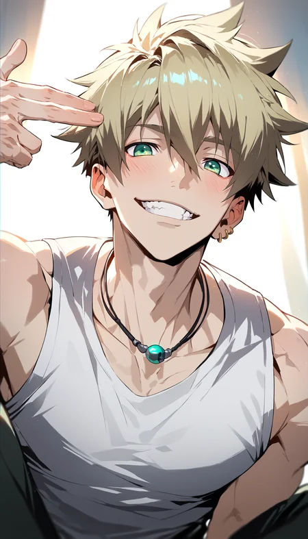 score_9, score_8_up, score_7_up, zPDXL2, rating_explicit, source_anime, nsfw, uncensored, boy focus, 22yo, cute face, year 2023, Expressiveh, perfect lighting, very aesthetic, rating explicit, handsome masculine face, male focus, 1boy, <lora:liberta_arcana_famiglia_pony:1> liberta_arcana_famiglia, blonde hair, green eyes, short hair, hair between eyes, cool smile, teeth, grin, blush, tight fit tank top, jogger pants, doing <lora:FingergunToHead_XLPD:0.85> finger gun to head, cinematic photo, best quality, amazing quality, best aesthetic, absurdres, <lora:Concept Art Twilight Style SDXL_LoRA_Pony Diffusion V6 XL:0.8>, <lora:aesthetic_anime_v1s:1.25>, <lora:Expressive_H:0.6>, <lora:Fant5yP0ny:0.25>