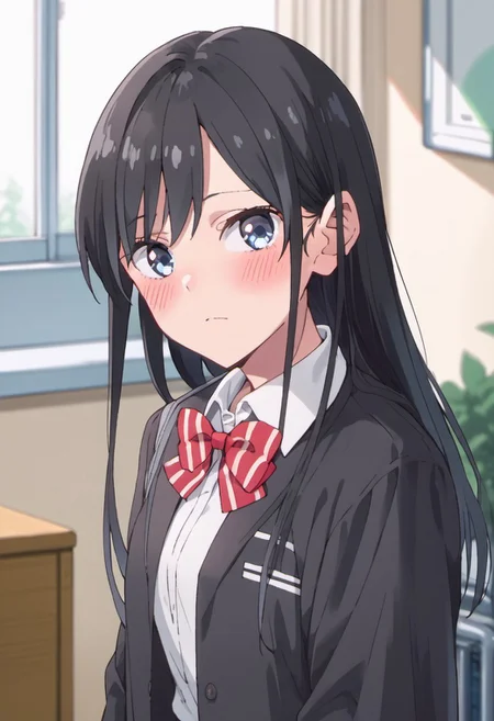 score_9, score_8_up, score_7_up, source_anime,nanakura rin, black hair, blue eyes, long hair, 1girl, solo, school uniform, bow, blush, jacket, red bow, shirt, looking at viewer, collared shirt, bowtie, indoors