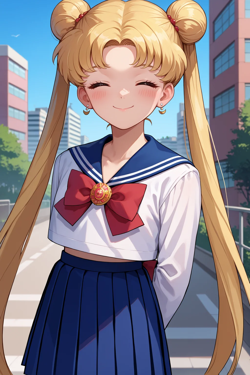 score_9, score_8_up, score_7_up, score_6_up, source_anime, 1girl, solo, <lora:sailormoon-pdxl-nvwls-v1_1-000005:1> slrmn, twintails, double bun, blonde hair, very long hair, parted bangs, stud earrings, blue sailor collar, white shirt, long sleeves, red bowtie, brooch, blue skirt, pleated skirt, school uniform, blue sky, tree, city, looking at you, smile, arms behind back, blush, closed mouth, closed eyes, happy