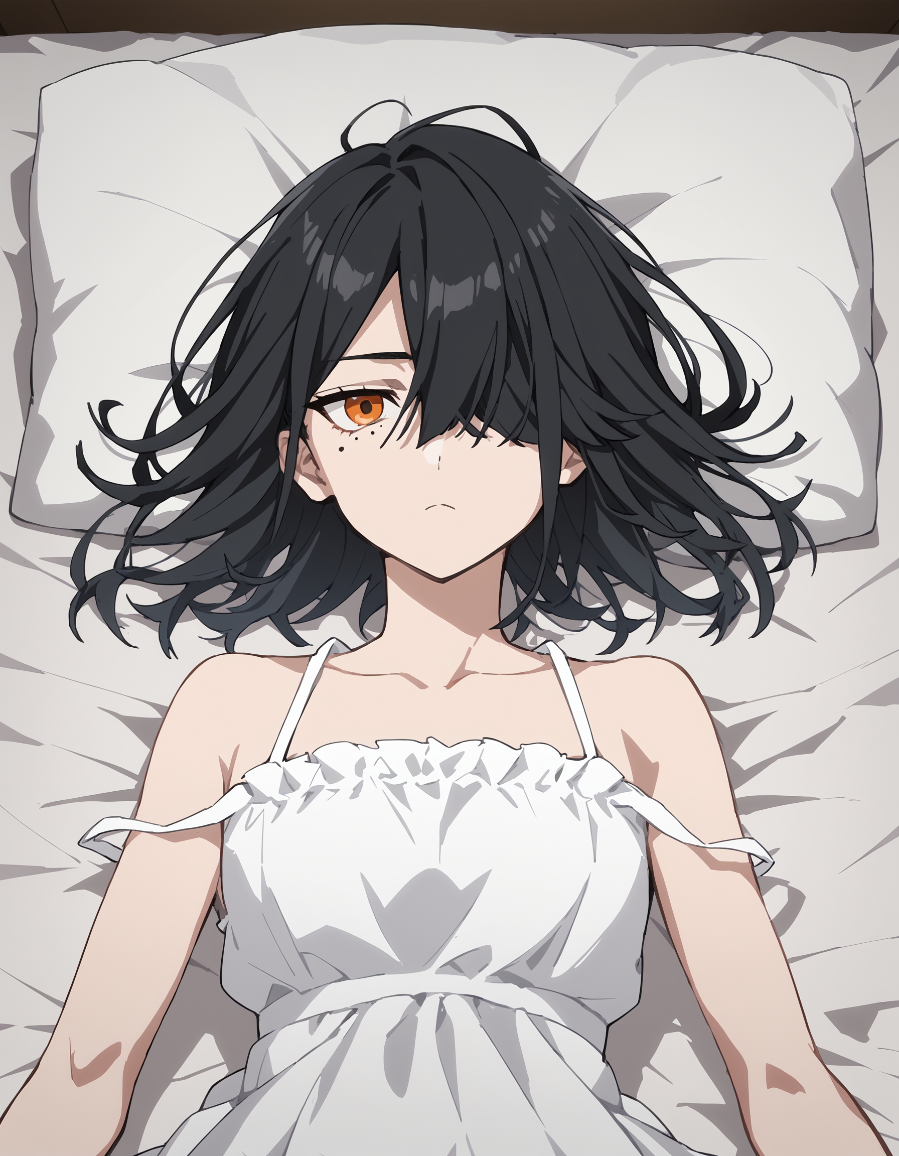 score_9,score_8_up,score_7_up,sundress,expressionless,
<lora:xufuavenger_pony:0.5>,xufuavenger,1girl,solo,black hair,hair over one eye,mole under eye,mole,orange eyes,<lora:magazine-cover-ponyxl-lora-nochekaiser:1>,magazine cover,on back,<lora:Anime_Screencap:1>,anime screencap,
