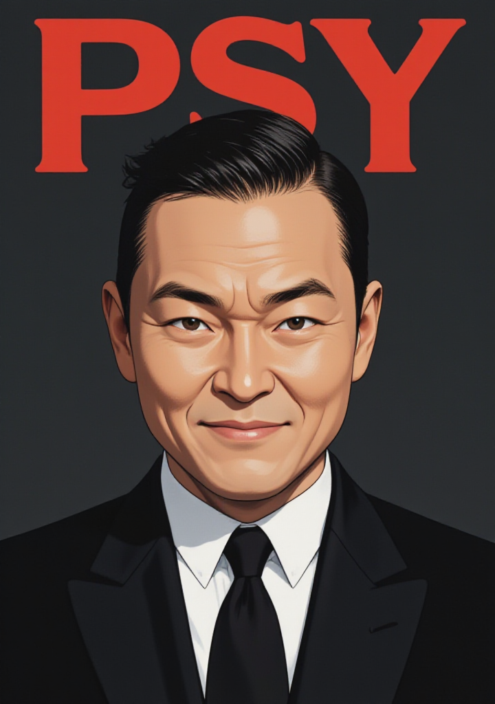 A high-contrast, illustrated headshot of a middle-aged man. He wears a tailored, black suit with a crisp, white shirt and a slim, black tie as he gazes directly at the viewer with a charming, enigmatic smile. The background is a deep, dark gray, allowing the subject's features to take center stage. The illustration style is reminiscent of 1960s spy fiction, with bold lines, sharp angles, and a sense of sleek, modern sophistication. The title text "PSY" emblazoned across the top of the image in bold, fun letters.