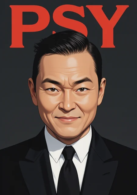 A high-contrast, illustrated headshot of a middle-aged man. He wears a tailored, black suit with a crisp, white shirt and a slim, black tie as he gazes directly at the viewer with a charming, enigmatic smile. The background is a deep, dark gray, allowing the subject's features to take center stage. The illustration style is reminiscent of 1960s spy fiction, with bold lines, sharp angles, and a sense of sleek, modern sophistication. The title text "PSY" emblazoned across the top of the image in bold, fun letters.
