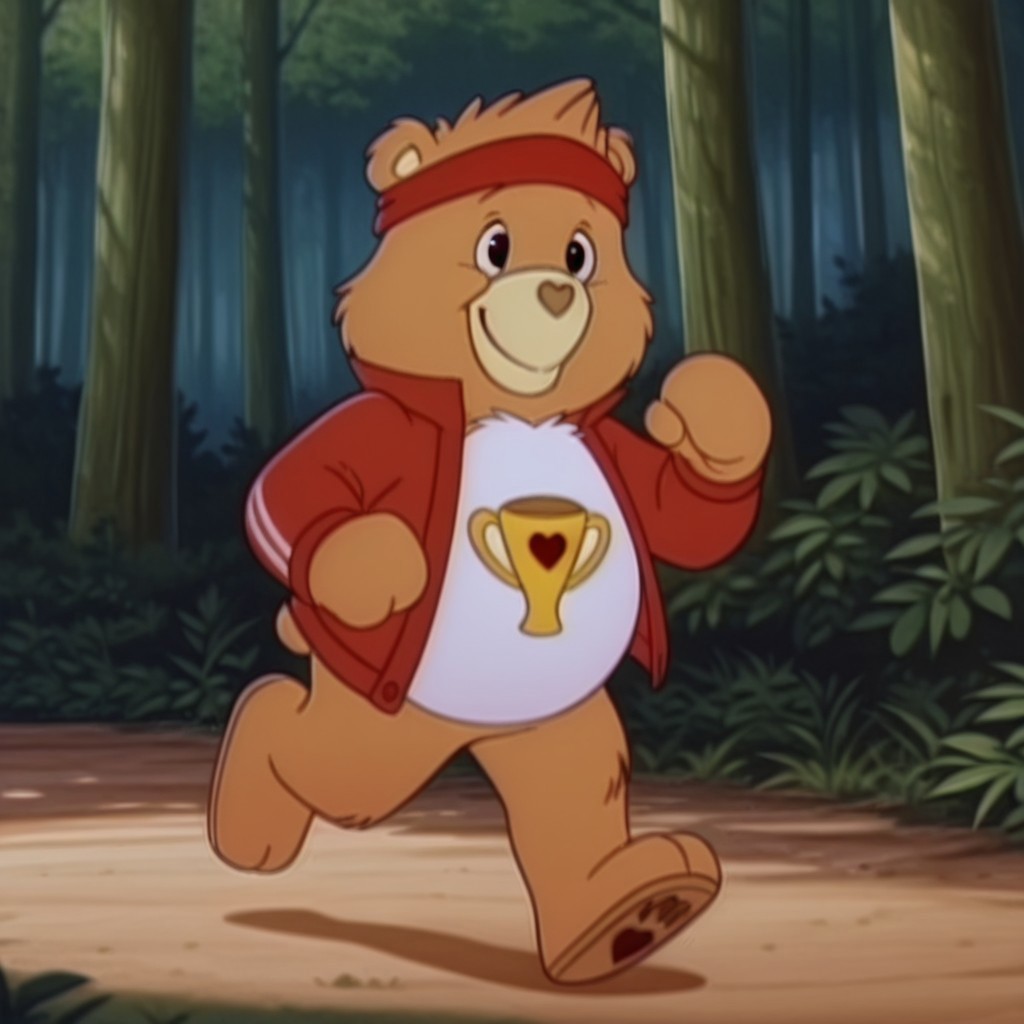 ,masterpiece, best quality, amazing quality,  champbearil, semi-anthro, male, bear_boy, yellow-orange fur, black eyes, tummy symbol, full body, solo, red headband, red jacket, jogging, forest, smile