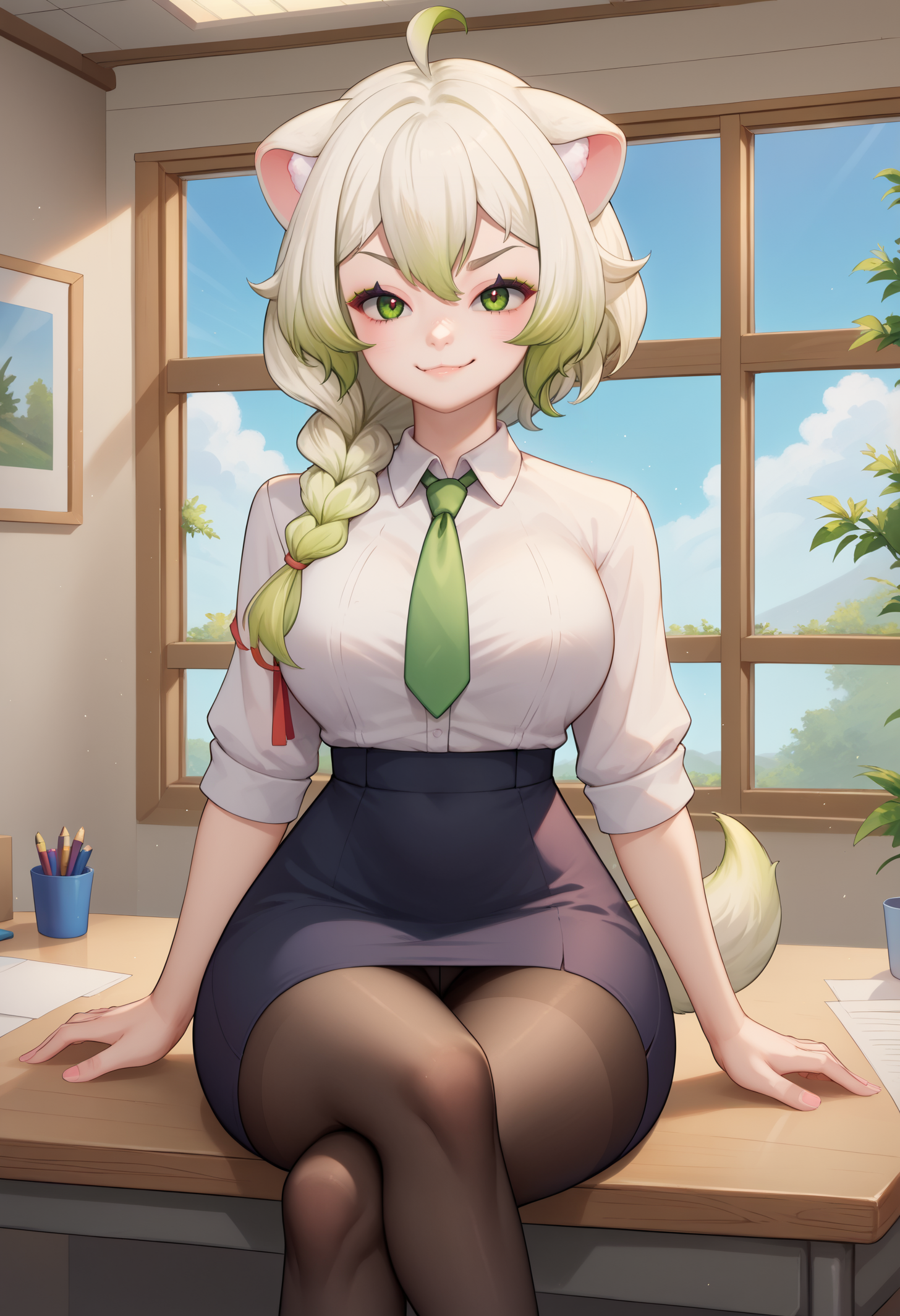 score_9, score_8_up, score_7_up, BREAK 1girl, solo, LaimuVT, green eyes, animal ears, tail, multicolored hair, medium hair, single braid, breasts, <lora:LaimuPDXL_V1-Manityro-CAME:1.0>, indoors, office,
looking at viewer, smug, cowboy shot, sitting, crossed legs, on desk, 
white shirt, dress shirt, green necktie, black skirt, pencil skirt, black pantyhose, pantyhose under skirt