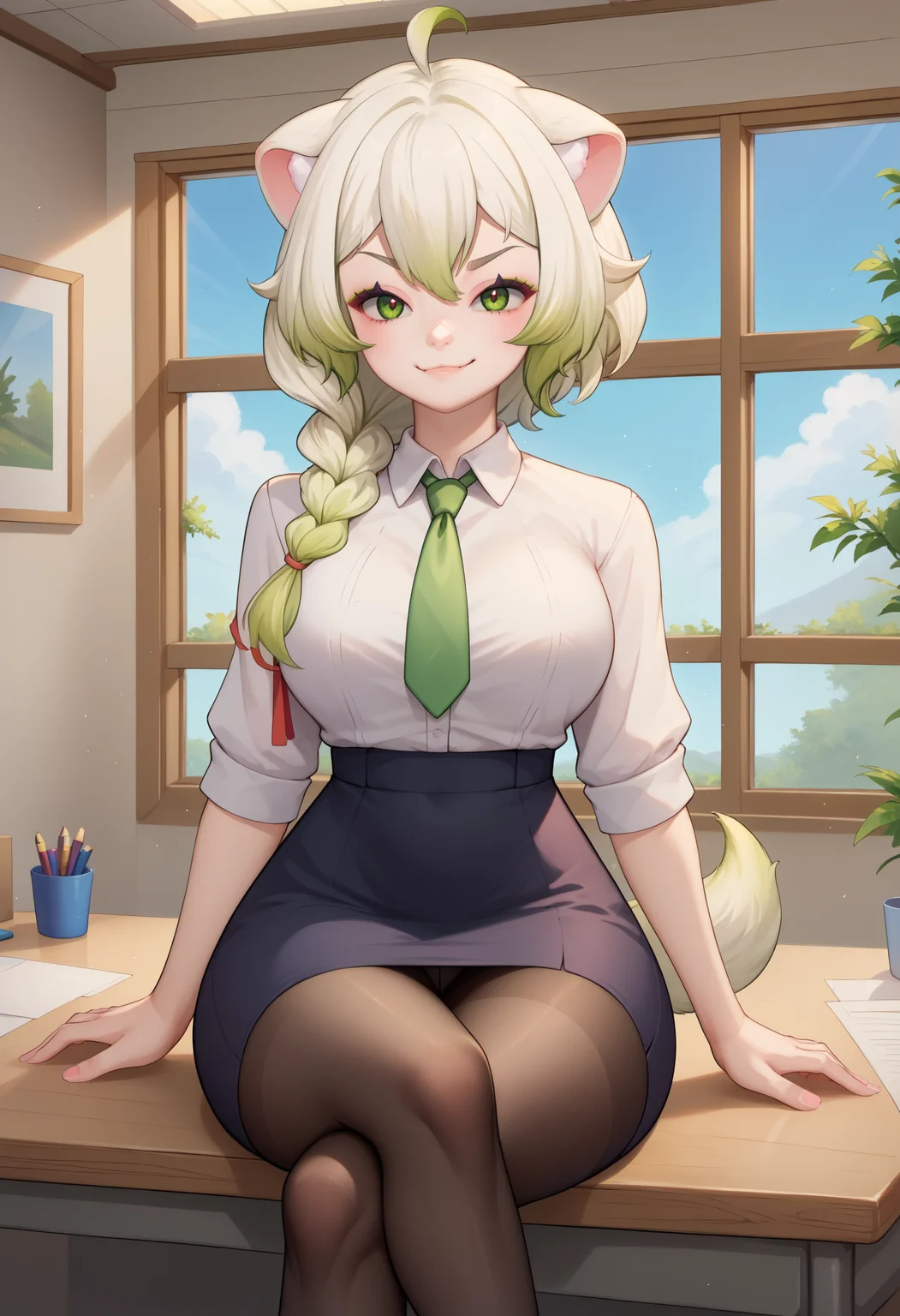 score_9, score_8_up, score_7_up, BREAK 1girl, solo, LaimuVT, green eyes, animal ears, tail, multicolored hair, medium hair, single braid, breasts, <lora:LaimuPDXL_V1-Manityro-CAME:1.0>, indoors, office,
looking at viewer, smug, cowboy shot, sitting, crossed legs, on desk,
white shirt, dress shirt, green necktie, black skirt, pencil skirt, black pantyhose, pantyhose under skirt