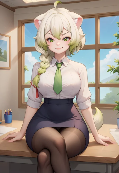 score_9, score_8_up, score_7_up, BREAK 1girl, solo, LaimuVT, green eyes, animal ears, tail, multicolored hair, medium hair, single braid, breasts, <lora:LaimuPDXL_V1-Manityro-CAME:1.0>, indoors, office,
looking at viewer, smug, cowboy shot, sitting, crossed legs, on desk,
white shirt, dress shirt, green necktie, black skirt, pencil skirt, black pantyhose, pantyhose under skirt