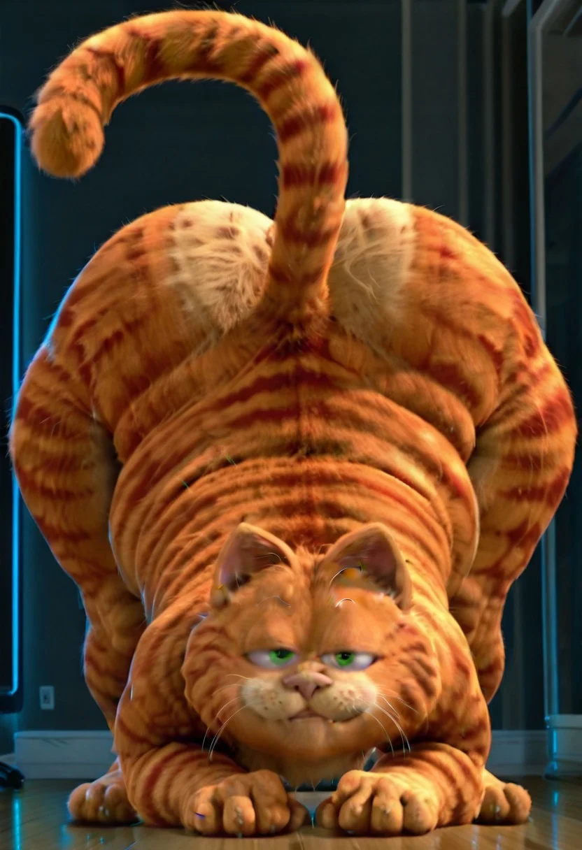 3D, realistic, photorealistic, photorealism, cartoon, cel shaded, furry, feline, Persian tabby cat, male, anthro, humanoid body, perfect anatomy, whiskers, long tail, fluffy tail, green eyes, yellow snout, four fingers, paws, (((orange fur:1.1))), ((fat, big moobs, chubby, massive thighs, wide hips, bottom heavy, massive butt)), cropped sport top black, standing, lazy expression, bedroom eyes, smirk, front view, half body, side angle, dynamic lighting, 1boy, solo, color, simple background, detailed face, perfect face, masterpiece, absurdres, intricate detail, very aesthetic, Garfield, face down ass up, smirk, narrowed eyes, looking at viewer, indoors, on floor, kneel, on knees