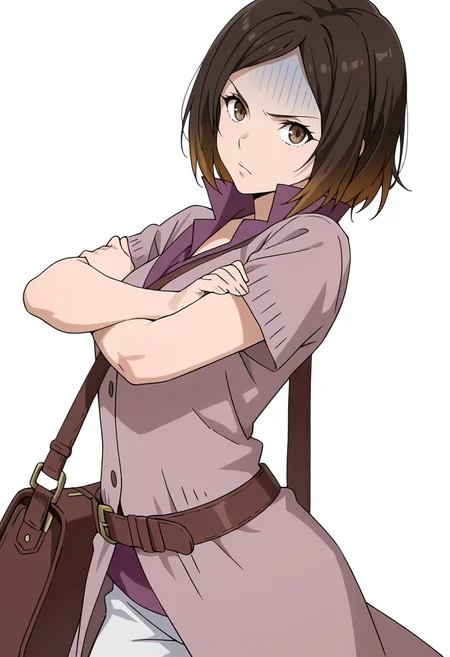 Smooth Quality,masterpiece,very intricate, high quality details, ultra realistic, high detailed skin,detailed enviorement,absurdres,
simple background, white background,solo,
standing, arms crossed, head tilt, serious, balanced stance, confident, ,from side,turn pale,
<lora:Kirara_Mizutani_cnn:0.8> 1girl, short hair, brown hair, multicolored hair, two-tone hair, brown eyes, at viewer, upper body,shirt, short sleeves, collared shirt, coat, pants, purple shirt,brown belt, shoulder bag,