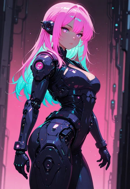 masterpiece, best quality, good quality, very aesthetic, absurdres, newest, 8K, depth of field, focused subject, dynamic angle, side view,  1girl,solo, CivChan, android,  holofoil glitter, faint, glowing, ethereal, neon hair, glowing hair, long hair, purple eyes, futuristic uniform, cleavage, standing looking sweet, stance, coy,  looking at viewer, relaxing, sci-fi
