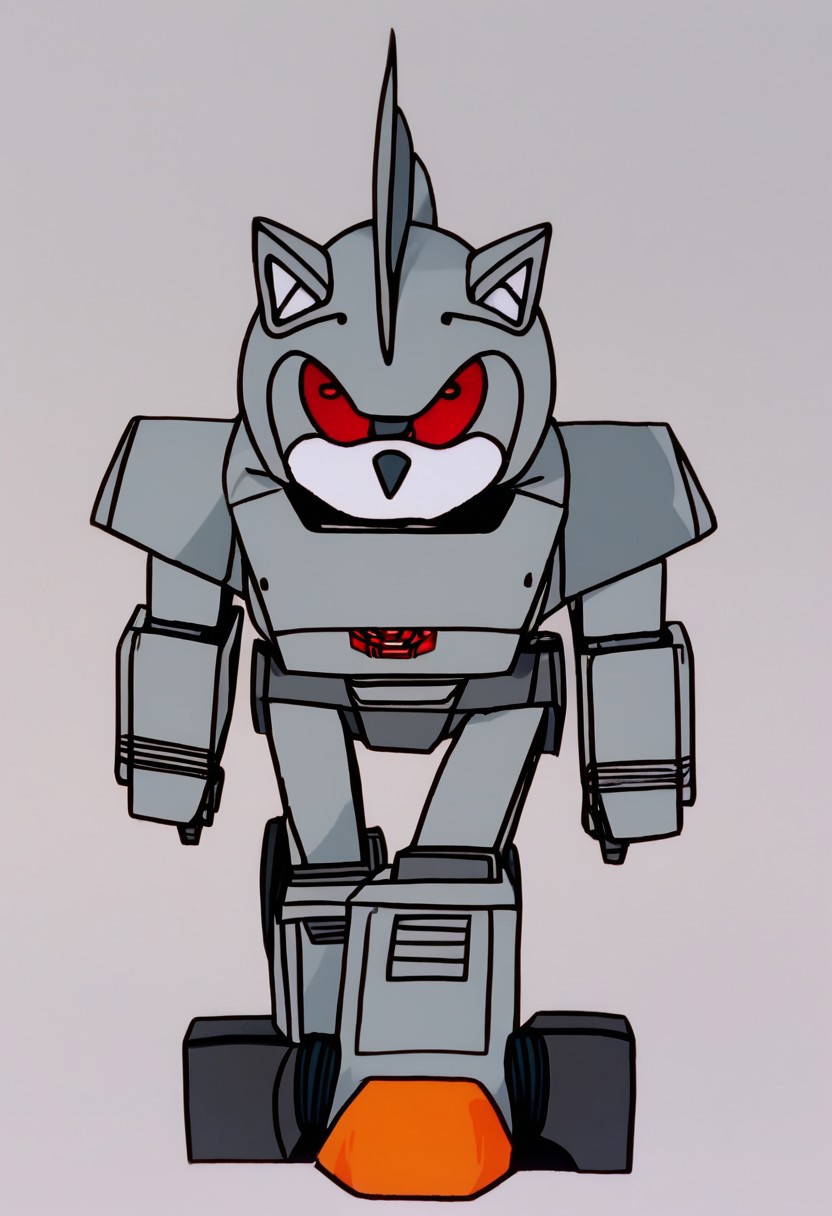 MechaMk1, 1boy, no humans, robot, mecha, robotic version of Sonic, bulky silver gray exoskeleton, bright orange feet, single glowing eye, several rotating blades on the back of head heavily armored body, blocky silver gray exterior while the black endoskeleton is visible from the back, red eye, black sclera, colored sclera, solo, full body, standing, Transformers, Animation, <lora:Transformers 86 FT:1>