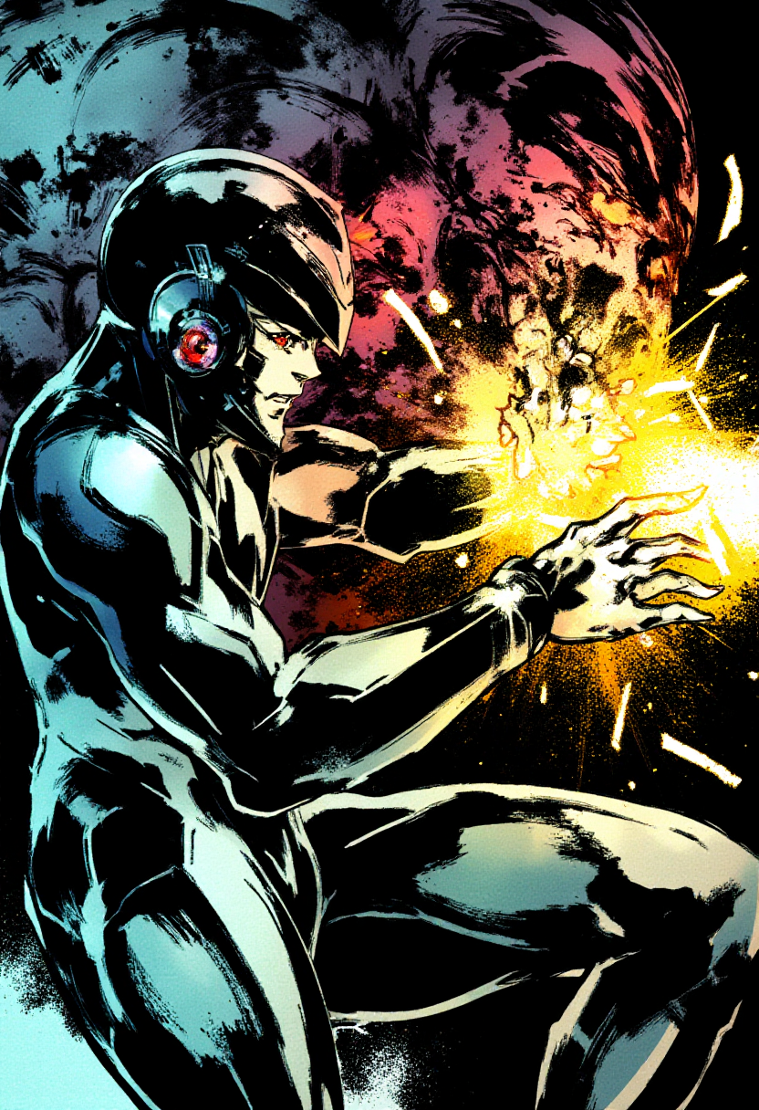 <lora:Yoji_Shinkawa_Style_FLUX-000012:0.9>
This is a digital illustration in a manga-inspired, dark, and gritty yshinkawa style. The artwork features   Megaman firing his arm laser at a monster
