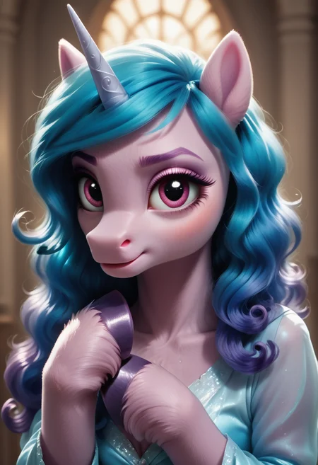 score_9, score_8_up, score_7_up, score_6_up, score_5_up, score_4_up score_9,score_8_up, (hoof:1.3), (source_anthro:1.2) pony, izzy moonbow, (hoof on chin:1.1).
digital art, female portrait, realistic 3D illustration, blue eyes, elegant updo, soft lighting, high-resolution, detailed texture, dramatic mood, cinematic lighting. source_pony <lora:hoooooooofy:0.5>