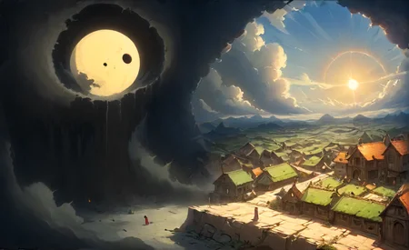 studio ghibli, darkest necropolis night of the envy sitting dead wast landscape, moon, eclipse, fog, BREAK brightest day of the happy living thriving busy (village:1.1) city, sun, god-rays, highly detailed, landscape, panorama, wide-angle, moody, atmospheric, masterpiece, high resolution, hdr, 8k, composition, shadows, clouds, <lora:- SDXL - vanta-black_contrast_V3.0:0.7>, <lora:- SDXL - otclillsn_impossible_geo_V1.0:0.7>, <lora:dfantasy:0.8>, <lora:The_Simplest:0.8>, <lora:DonMP41n717Bl4ckXL:0.4>, <lora:SDXL - Style - EldritchRomanceIllustration1.3.1:0.4>, <lora:artfullyECHELIER_SDXL_V1:0.4> <lora:XL_Cyborg_Samurai_-_By_HailoKnight:0.4>