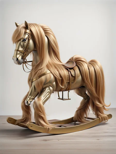 Antique rocking horse with long, golden ais-hairz, waiting for a child's touch <lora:Hairy_Style_SDXL:1>