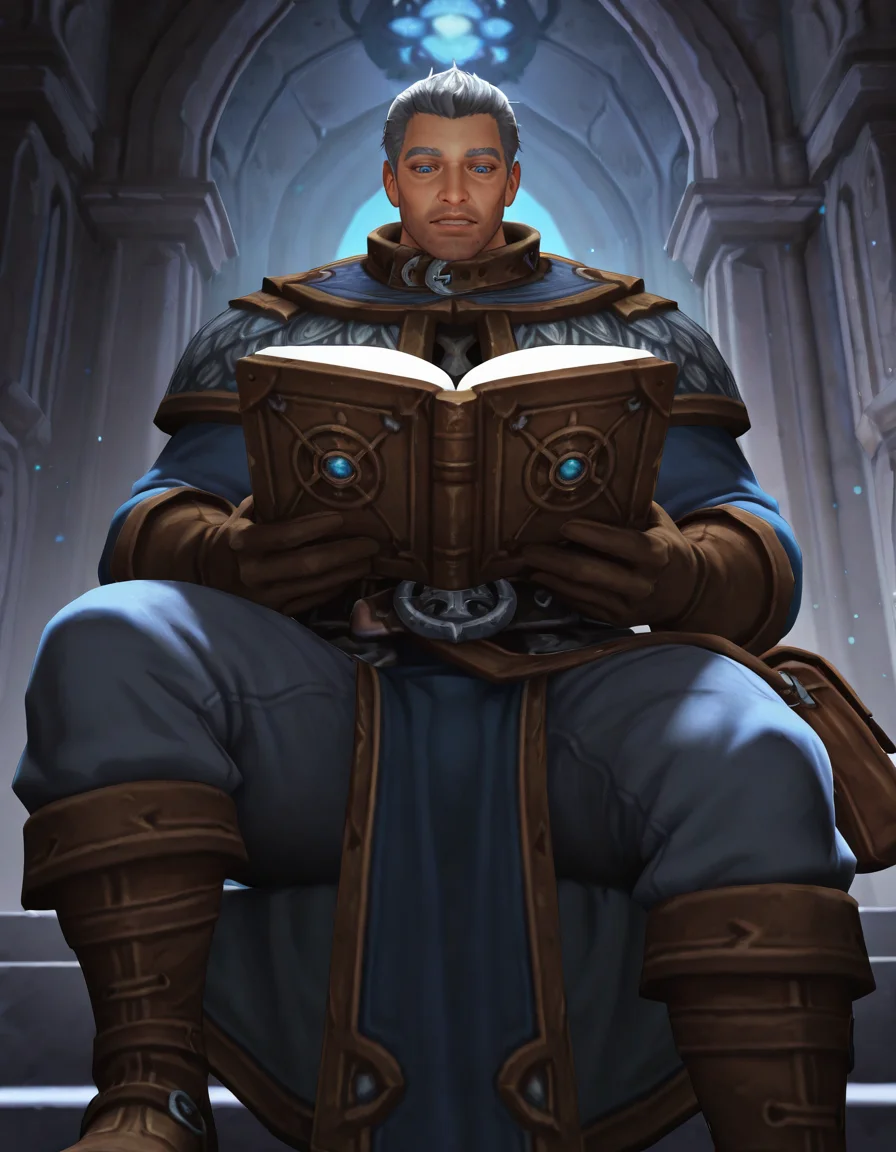 cinematic_depth, 8k, soft_lighting, warm_glow, ultra_high_quality, masterpiece, best quality, newest, perfect quality, intricate details, detailed background, male focus, realistic, solo, <lora:World Of Warcraft - Archmage Khadgar - Illustrious-000006:0.7> wow_khadgar, 1boy, mature male, grey hair, short hair, blue eyes, stubble, robe, brown gloves, belt, satchel, brown boots, sitting, reading large book, looking down at book