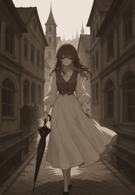 solo, ethereal,
sepia,
outside, town,
holding_umbrella, closed umbrella, gun_umbrella,
1girl, medium bangs, long brown hair, white dress, brown vest,
masterpiece, best quality, newest, absurdres, highres,