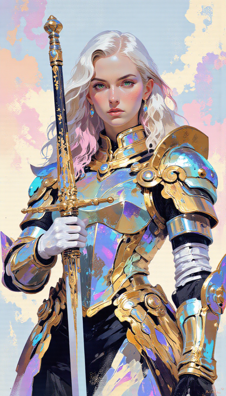 pscho_4rt,mythp0rt, A digital illustration shoot from a portrait camera angle about a fantasy character with vibrant, iridescent armor holding a sword, set against a colorful, dreamy background. the image also shows a young woman in the middle of the image, who appears to be in her early twenties, with light skin, green eyes, and long, wavy, multicolored hair. she has a serious expression and is wearing a shiny, metallic armor with intricate designs, including shoulder armor, pauldrons, and a necklace. her hair is styled in a wavy manner, and she is wearing earrings. on her upper body, she is looking directly at the viewer with her green eyes. she is holding a large, curved sword in her right hand, and her left hand is resting on her shoulder. the background is a soft, pastel-colored cloud-like pattern, with a dreamy, ethereal quality, adding to the fantasy theme.  1girl, solo, long hair, breasts, looking at viewer, blonde hair, holding, closed mouth, jewelry, weapon, earrings, white hair, parted lips, necklace, armor, lips, colored skin, holding weapon, freckles, shoulder armor  camera_angle: portrait, art_style: digital illustration, location: NA, background: colorful, abstract background with soft hues, text: NA;NA, image_composition: middle;middle, clothing: metallic armor;silver armor, hair_color: white hair;pink hair, distance_to_camera: upper body;upper body, hair style: long wavy hair;long hair, race: light skin;light skin, pants: NA: NA. facial_expression: serious;sultry, action: holding sword;holding sword, eye_direction: looking to the side;looking to the viewer, ear: green eyes;green eyes, body: slim;slim, gender: 1woman, accessory: silver jewelry;earrings, necklace;pauldrons and shoulder armor;shoulder armor, shoes: none;none, action : NA;no pants: none, facing_direction : facing viewer;facing viewer