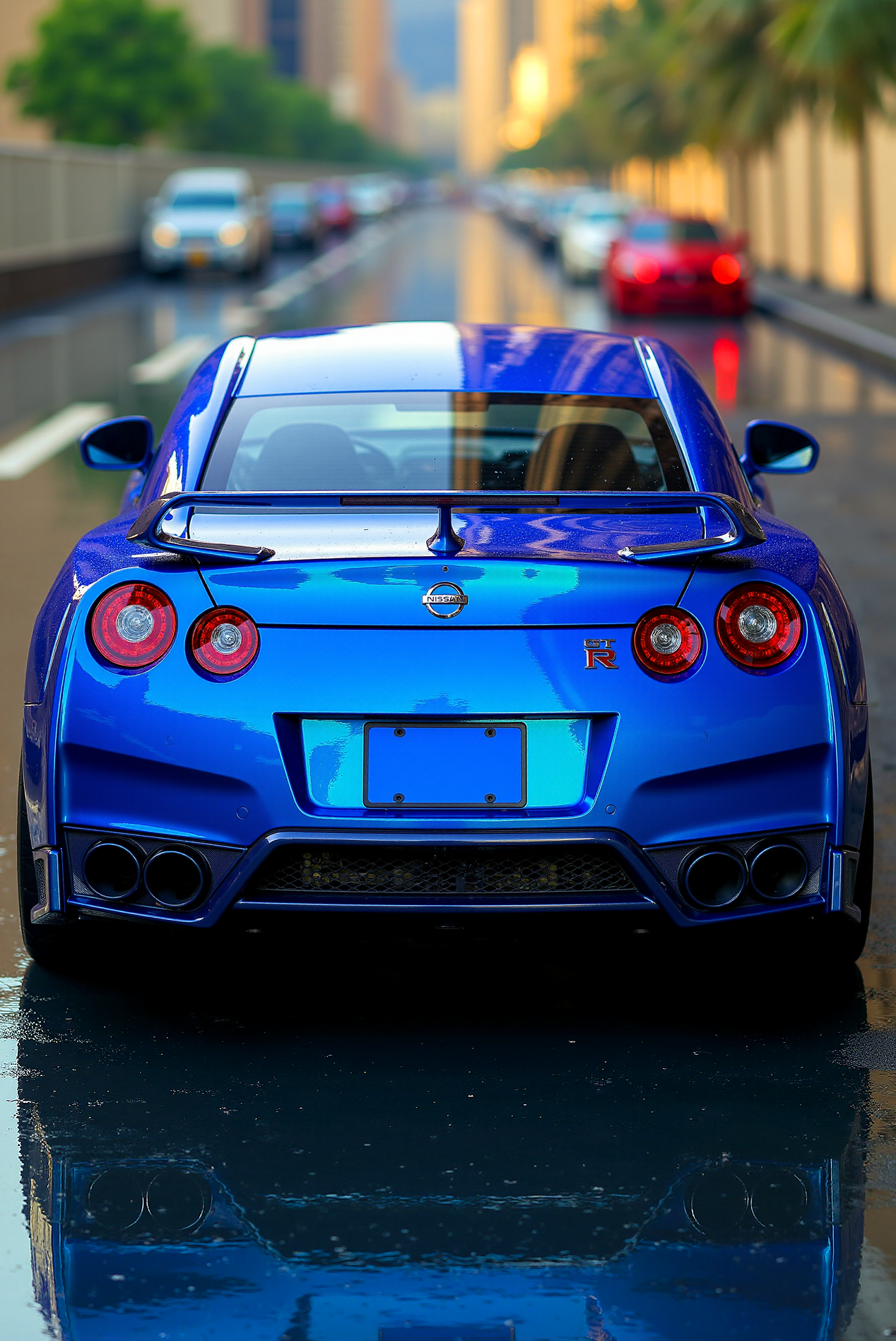<lora:Nissan_GT-R_R35:0.7>  A from behind view of a gorgeous Nissan GT-R R35 in all its shining glory. In a style of clean look. The car has blue paint job with salad-green undertone. Mirror-like, high gloss finish catches bright highlights. Vibrant color palette. Nissan logo in the middle. GT-R logo near right taillight.