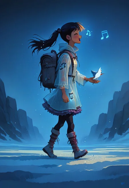 (masterpiece, best quality, high quality, good quality), 1girl, solo, petite, twintails, raincoat, backpack, frilled skirt, rubber boots, blue sky, walking, on cloud, happy, humming, musical note, rainbow, sparkle, sunlight, bird, full body, pastel colors, colorful
,FFAnime Style, fr0stwrld, snow, ice sinozick style