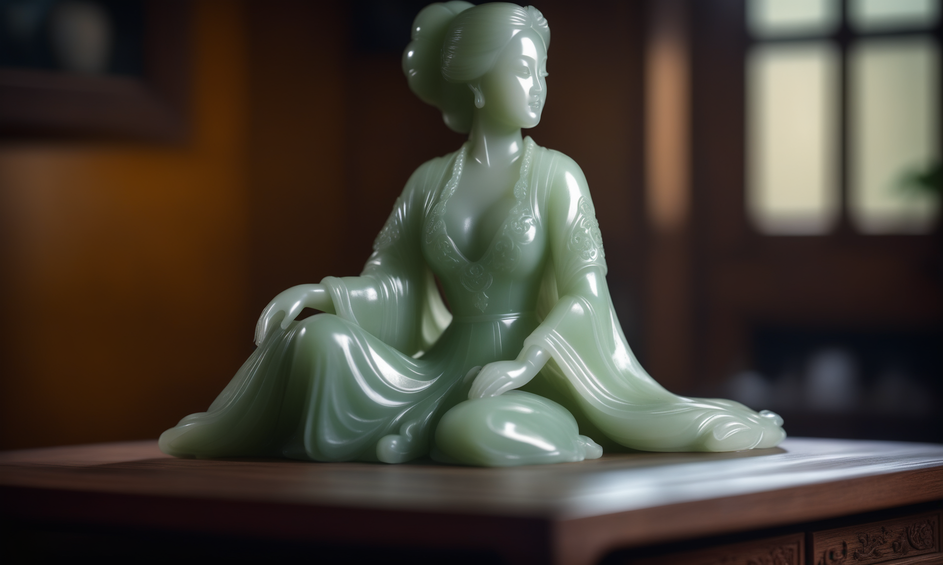 cinematic film still <lora:jadecarvingcd_xl-000007:0.8>,a handmade model toy of a girl made of (jadecarvingcd_xl,jade carving,translucent) on table,no humans,long-focus,female focus,indoors,jadecarvingcd_xl and jade skin,jadecarvingcd_xl and jade hair,chinese clothes,sexy pose,full body,sitting,large breasts,cleavage,wooden table,cutie,cute,still life,front view,looking at viewer . shallow depth of field, vignette, highly detailed, high budget, bokeh, cinemascope, moody, epic, gorgeous, film grain, grainy, 8K, HDR, UHD, masterpiece, best quality, highly detailed, high resolution, finely detail, extremely detailed, ultra detailed, wallpaper