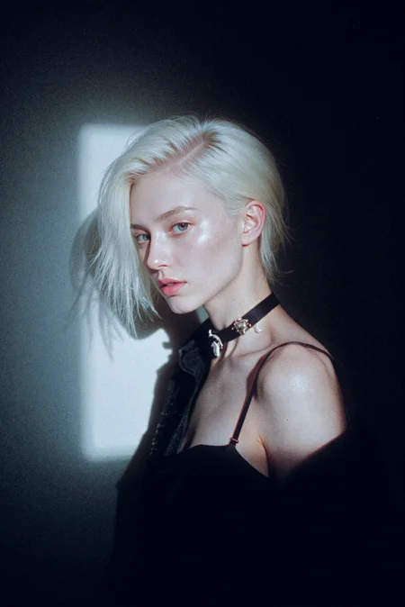 a gorgeous asian albino girl, 20s, erotic, beautiful, thin face, stylish haircut, enigmatic, dynamic volumetric light,
<lora:GrainScape_1404698:0.7> 8n8log, film photography aesthetic, film grain effect prominent throughout image, high contrast lighting creating dramatic shadows, grainy film-like texture