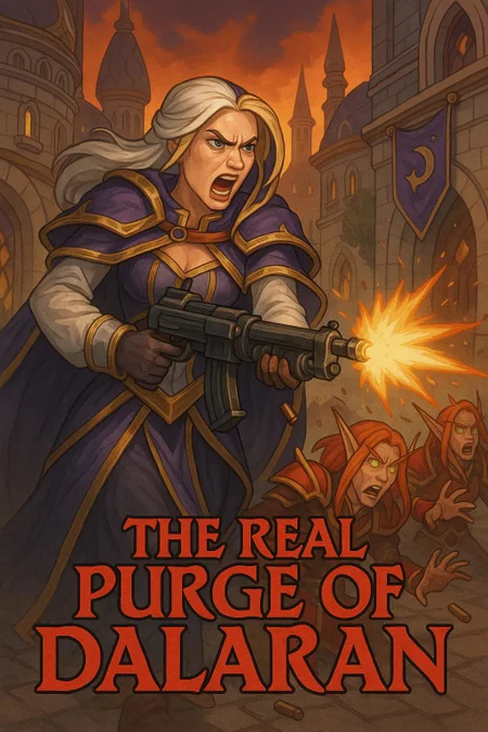 A poster design with an angry Jaina Proudmoore from World of Warcraft: Mists of Pandaria walking through the streets of Dalaran, firing a machine gun at Blood Elves. She is wearing her purple robes with a silver breastplate and gold trim. Caption: "The real purge of Dalaran" the caption's font should be in a fantasy style with red font colour
