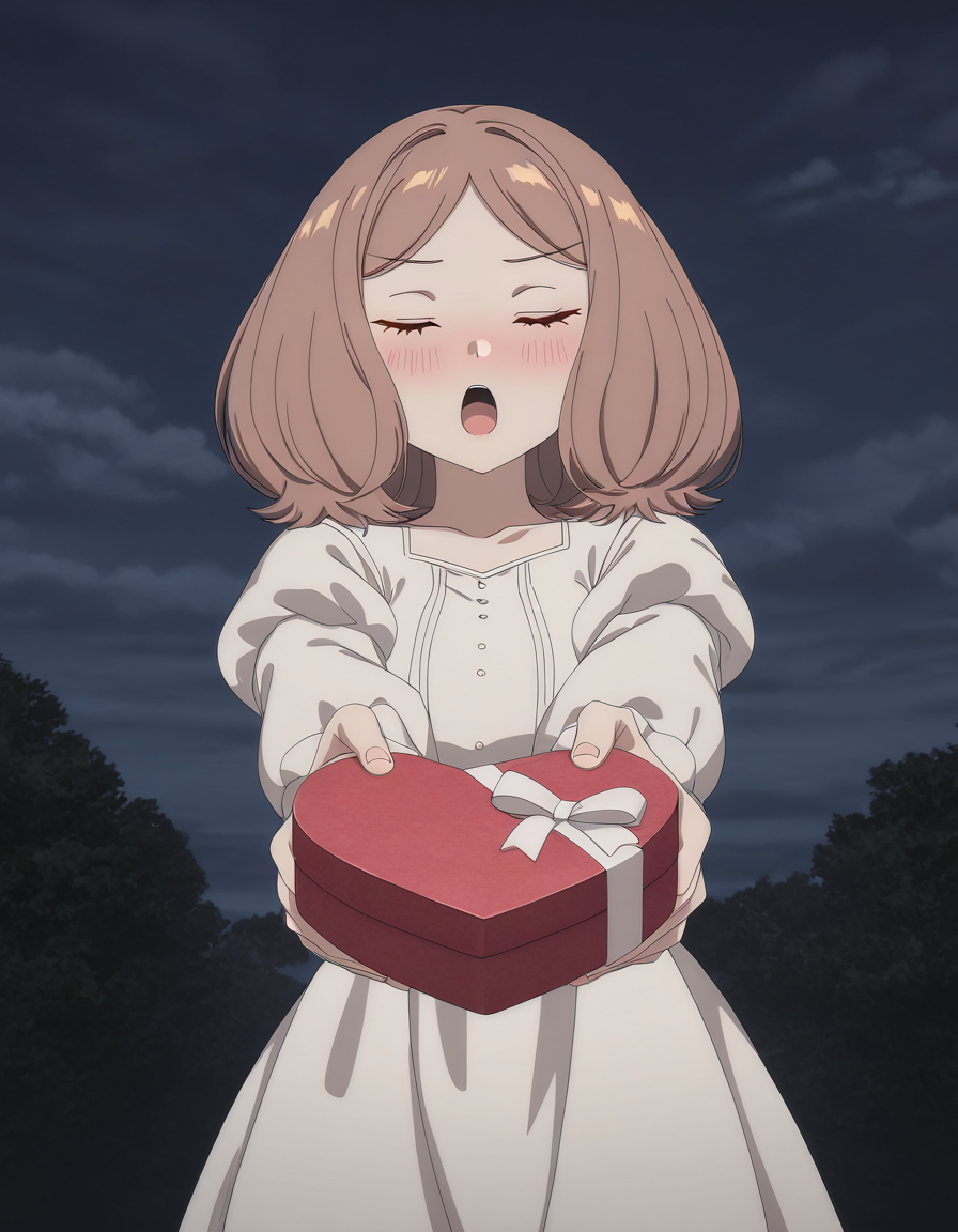 masterpiece, best quality, newest, absurdres, highres, safe,, <lora:mage-edel-s1-illustriousxl-lora-nochekaiser:1>, edel, brown hair, brown eyes, medium hair, medium breasts, anime screencap, <lora:heart-shaped-box-ponyxl-lora-nochekaiser:1>, heart-shaped box, holding, box, gift, valentine, incoming gift, closed eyes, blush, open mouth, outstretched arms, outdoors, night sky, clouds, shouting,, , cowboy shot, solo
