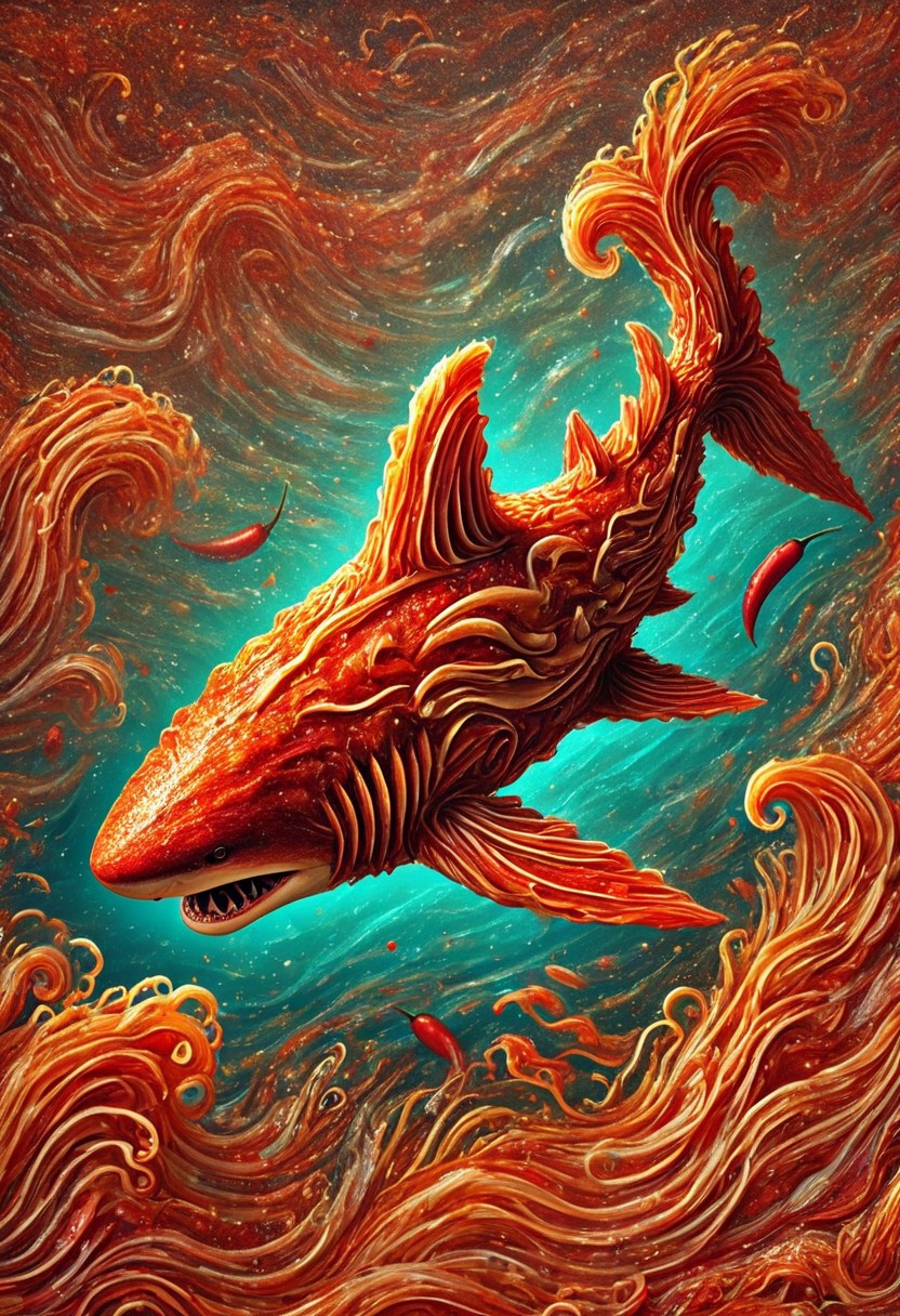 k1mch1, digital painting, close up, a shark swimming in the ocean made of kimchi, coral, best quality, extremely high detailed, masterpiece