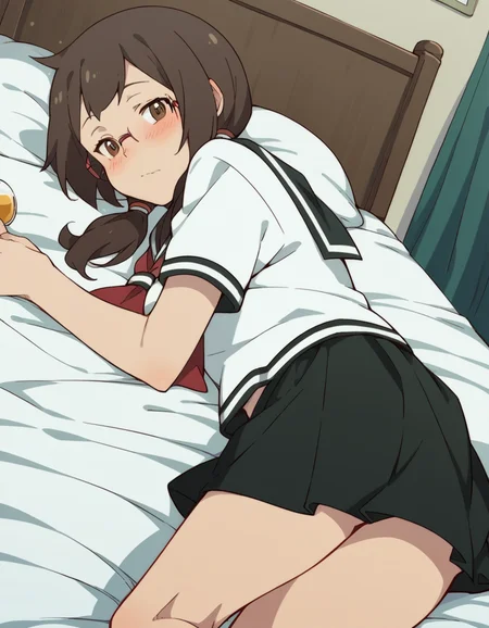 score_9, score_8_up, score_7_up, source_anime, <lora:kotoha-isone-hnu-ponyxl-lora-nochekaiser:1>, kotoha isone, brown hair, twintails, brown eyes, glasses,, skirt, school uniform, serafuku,, indoors, bed, bed room, on side, blush, drunk, looking at viewer, solo,, cowboy shot, dutch angle
