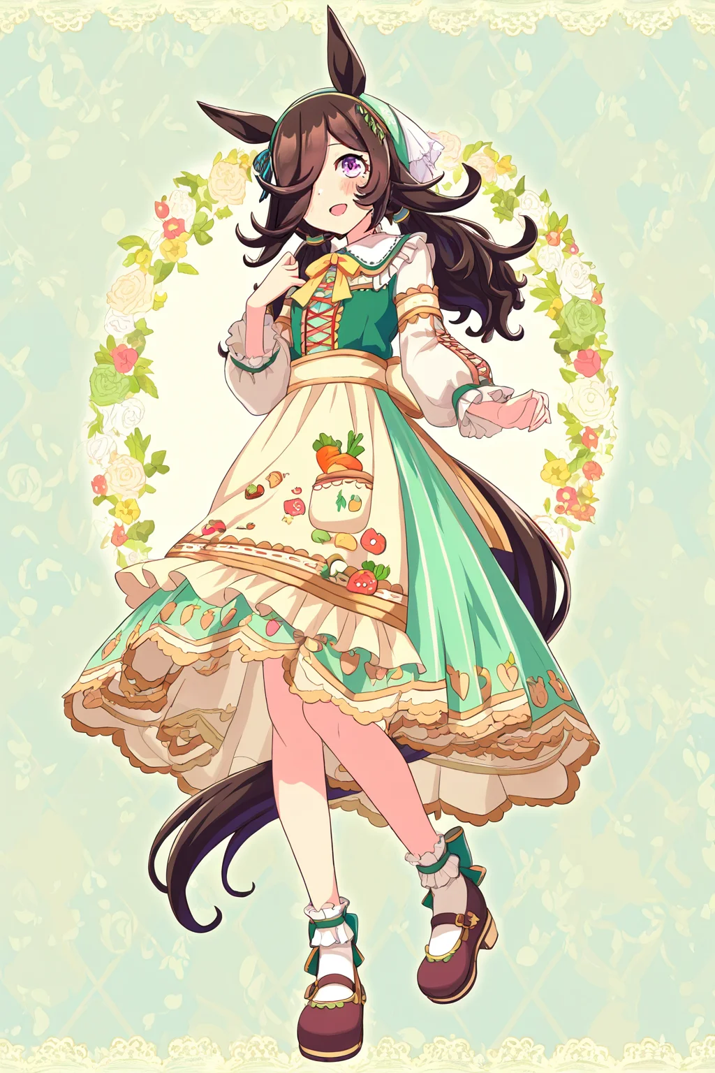 masterpiece,best quality,very aesthetic,absurdres,highres,newest,official art,official style,
1girl,solo,
rcs ydf,rice shower (umamusume),rice shower (yummy dreamy fairy) (umamusume),
alternate costume,alternate hairstyle,animal ears,apron,blush,brown hair,dress,green dress,
hair ornament,hair over one eye,horse ears,horse girl,horse tail,long hair,long sleeves,
low twintails,official alternate costume,official alternate hairstyle,print dress,tail,
twintails,violet eyes,
standing,full body,
<lora:umamusume_rice_shower2_ill_v1.0:1>,