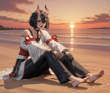 LDSCH Style, aesthetic, (masterpiece, newest, 2024, absurdres, very awa, intricate details:1.4) cowboy shot, walking, raised eyebrow, hands on hip, very wet, highly detailed feet, textured soles, highly detailed toes, looking at viewer, cute, detailed hair, absurdres, masterpiece, very aesthetic, red theme, sunset, golden hour, clouds, tropical tree, vegetation, rocks beach, sand, ocean, ocean waves, water, lens flare, beach, wet, barefoot, (sitting on sand, looking away from camera, hands on knees:1.5), fortnitenightrose, 1girl, solo, black hair, short hair, bob cut, bangs, hair between eyes, hair over one eye, asymmetrical horns, oni horns, horns, skin-covered horns, black eyes, black sclera, colored sclera, closed mouth, mole, mole under mouth, black lips, lipstick, makeup, choker, black choker, wide sleeves, long sleeves, detached sleeves, off shoulder, armor, japanese armor, japanese clothes, kimono, white kimono, obi, sash, kusazuri, red rope, gloves, black gloves, pants, <lora:LDSCH:0.8>, <lora:Fortnite_-__The_Night_Rose_ILXL:0.8> <lora:LECO_GoodHands:-2> <lora:LECO_BadHands:-2>
