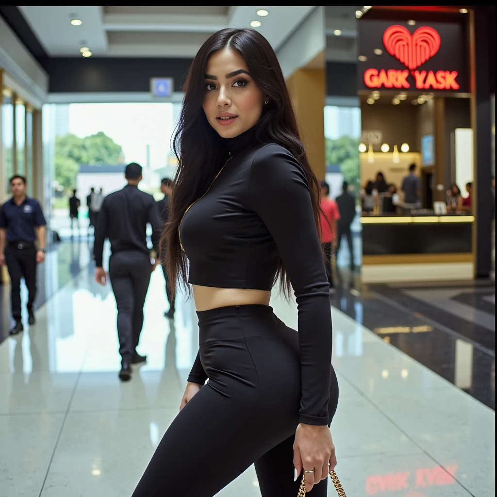surrealist art analog film photo A fashionable buchona-style woman walking through an upscale shopping mall in Mexico City â sleek designer athleisure, logo-heavy purse, long acrylic nails, and impeccable makeup. Surrounded by polished floors, glass walls, and luxury brand stores. Shot on a Contax T2 35mm camera, sharp contrast, clean color rendering, and cinematic depth â modern elegance with film-era charm. <lora:buchonas v1:0.9> buch0nas . faded film, desaturated, 35mm photo, grainy, vignette, vintage, Kodachrome, Lomography, stained, highly detailed, found footage, RAW candid cinema, 16mm, color graded portra 400 film, remarkable color, ultra realistic, textured skin, remarkable detailed pupils, realistic dull skin noise, visible skin detail, skin fuzz, dry skin, shot with cinematic camera . dreamlike, mysterious, provocative, symbolic, intricate, detailed
