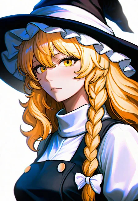 kirisame_marisa,touhou,"kirisame marisa, touhou","1girl, yellow eyes, blonde hair, long hair, single braid, witch hat, samll breast, (komatsuzaki rui), {{beautiful detailed face}}, realistic, {{aesthetic}}, {{{best quality}}}, stunning, very vibrant, looking at viewer, upper body, bright, warm, reflect light, masterpiece, best quality, very aesthetic, elegant, close-up, pureerosface_v1, upper body, professional lighting, plain background, white background, (((masterpiece,best quality,newest,absurdres,highres)))