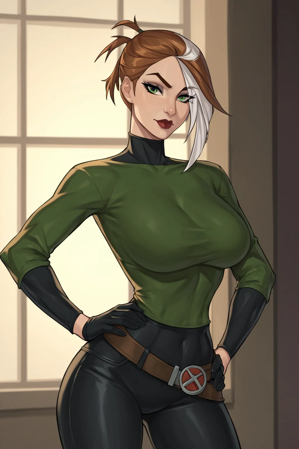 PonyXLV6_Scores BREAK (perfect anatomy, absurd resolution, cowboy shot) <lora:add-detail-xl:1> BREAK <lora:Rogue:0.7> anna marie, multicolored hair, two-tone hair, brown hair, white hair, green eyes, lipstick, makeup, flirty, raised eyebrow, ((looking at viewer)), black sleeves, long sleeves, green shirt, black gloves, black leggings, belt, large breasts, toned, athletic, curvy, sexually suggestive, standing, hands on hip, indoors