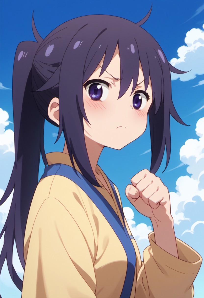 score_9, score_8_up, score_7_up, source_anime, kirie motoba, dark purple hair, dark purple eyes, long hair, 1girl, solo, looking at viewer, clenched hand, closed mouth, sky, day, blue sky, blush, :<, ponytail, cloud