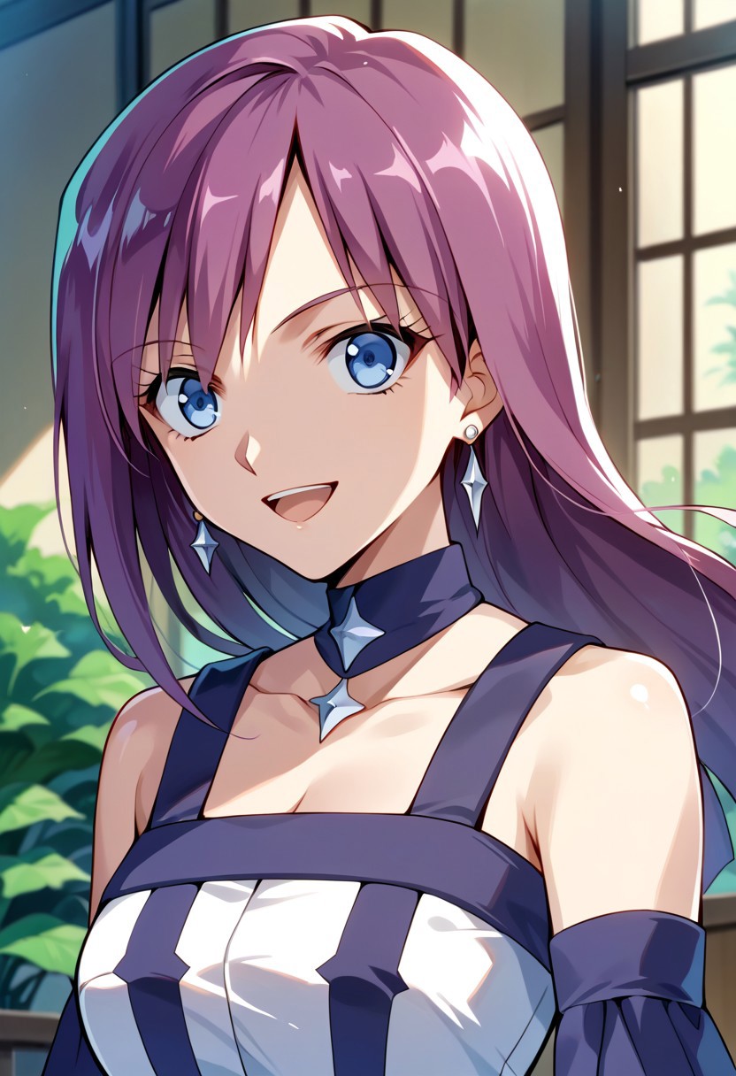 score_9, score_8_up, score_7_up, source_anime, JENNY (BAKUGAN), 1girl, solo, long hair, smile, open mouth, blue eyes, jewelry, purple hair, earrings, senjougahara hitagi