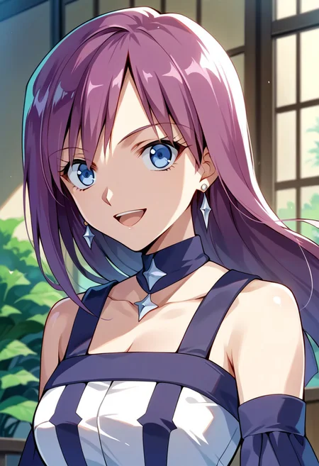 score_9, score_8_up, score_7_up, source_anime, JENNY (BAKUGAN), 1girl, solo, long hair, smile, open mouth, blue eyes, jewelry, purple hair, earrings, senjougahara hitagi