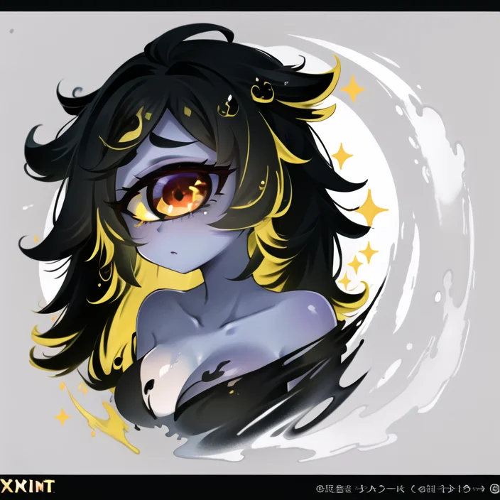 ((best quality)), ((highly detailed)), masterpiece, ((official art)), detailed face, beautiful face, (detailed eyes, deep eyes), (1girl:1.33, solo), ((gazer)), <lora:animeCyclops_v10:.9>, cyclop, (cyclops), one-eyed, colored skin, yellow colored sclera, red colored eyes, extra eyes, colored skin, grey colored skin, black hair, medium breasts, <lora:abstractPortraits_v1:.85>, pxint, portrait, Blonde and violet, droplets, flowing, with a splash of paint, paint splash, multicolored, sparkle, bubble, (abstract)