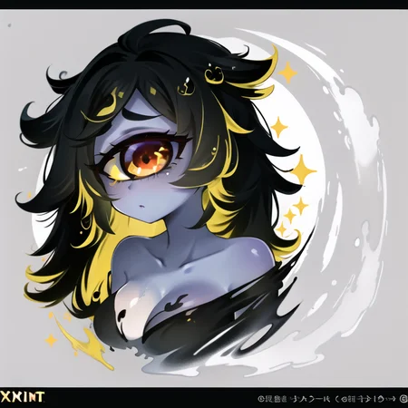 ((best quality)), ((highly detailed)), masterpiece, ((official art)), detailed face, beautiful face, (detailed eyes, deep eyes), (1girl:1.33, solo), ((gazer)), <lora:animeCyclops_v10:.9>, cyclop, (cyclops), one-eyed, colored skin, yellow colored sclera, red colored eyes, extra eyes, colored skin, grey colored skin, black hair, medium breasts, <lora:abstractPortraits_v1:.85>, pxint, portrait, Blonde and violet, droplets, flowing, with a splash of paint, paint splash, multicolored, sparkle, bubble, (abstract)