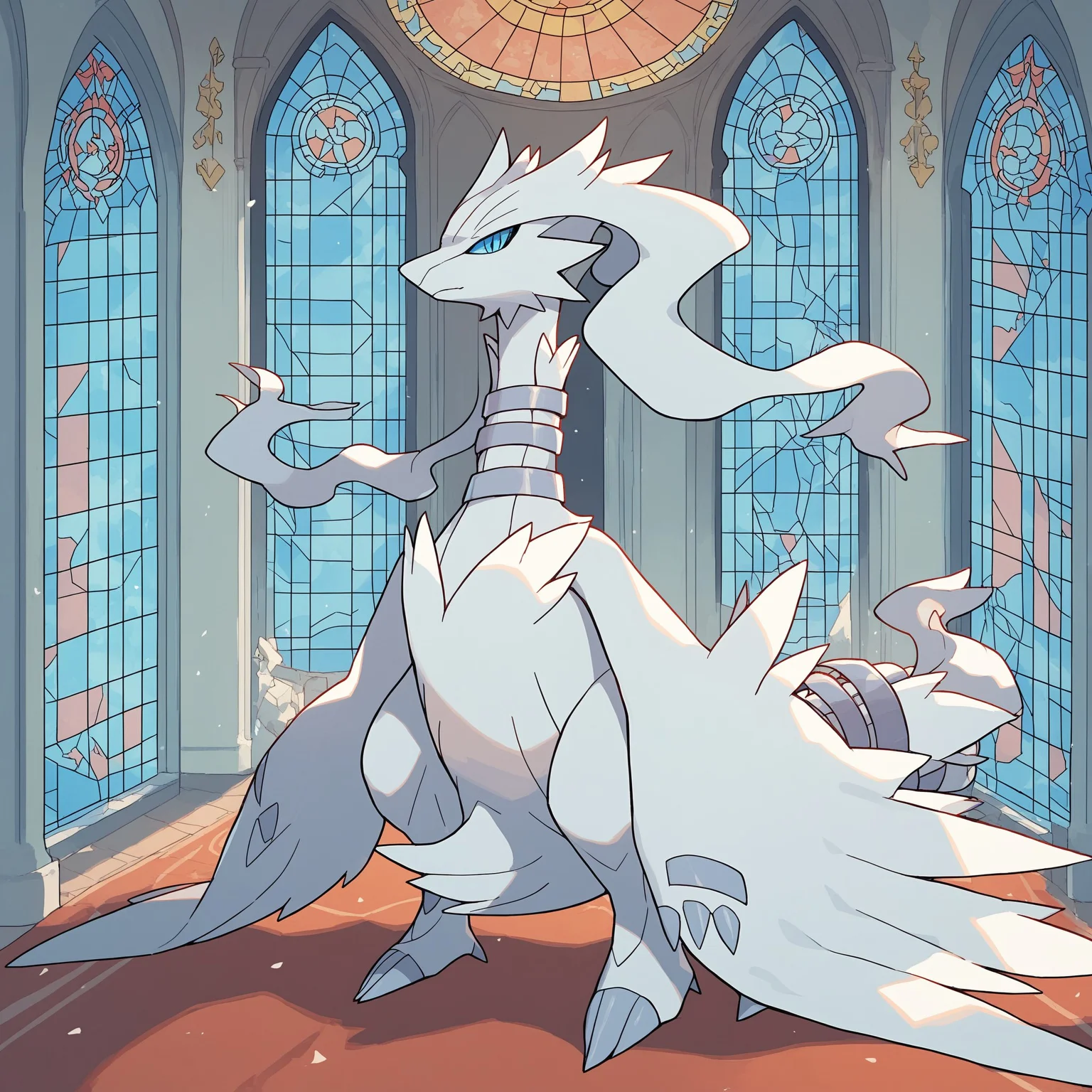 score_9, score_8_up, score_7_up, ReshiXL, solo, long hair, colored sclera, blue eyes, silver chokers, pokemon \(creature\), cathedral, stained glass, full body, looking at viewer, Expressiveh, sunny, , <lora:cefaa866-a58e-40ba-a219-79ab392f7d60:0.9>, <lora:a9a1f46e-c909-4e1a-b154-a52cb79406da:0.9>