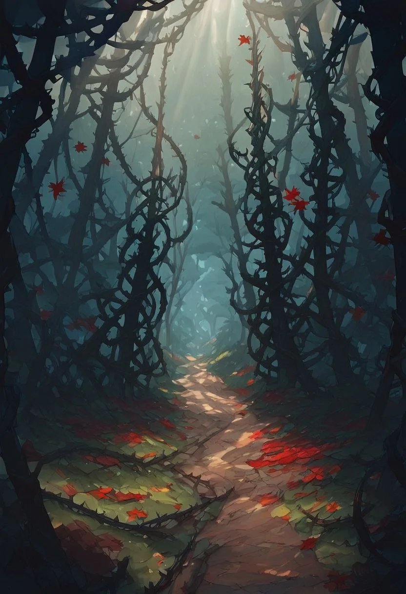 score_9_up, score_8_up, score_7_up, score_6_up
dark forest, thick trees, large trees, trees, leaves on the trees, bushey trees, dense trees, lots of trees, lots of trees, path through the forest, vines on the trees, light beams, light coming from above