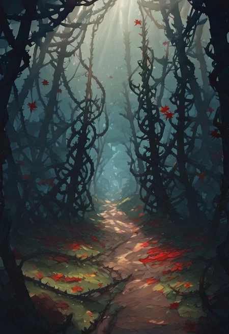 score_9_up, score_8_up, score_7_up, score_6_up
dark forest, thick trees, large trees, trees, leaves on the trees, bushey trees, dense trees, lots of trees, lots of trees, path through the forest, vines on the trees, light beams, light coming from above