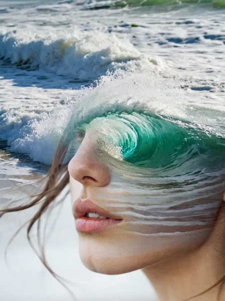 free flowing, high definition, color theory, stunning, sharp focus, close up of head, portrait of a girl, double exposure ocean waves, amora-style <lora:antonio-mora-style-000004:1>>