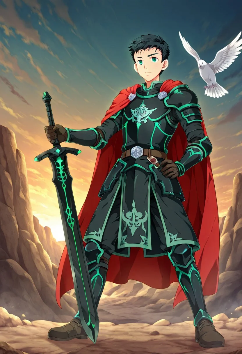 yuto_umemura, black hair, short hair, mint green eyes, he is dressed in a suit of dark iron platemail. Break. he is holding up a black coloured sword, Properly holding the sword by the hilt, his armour bears a crest of a yellow dove, fantasy armour, stylized silver dove emblems and symbols on armour and sheild, Break, epic background is a a beautiful palace, a strong wind is blowing his cape, dark blue armour