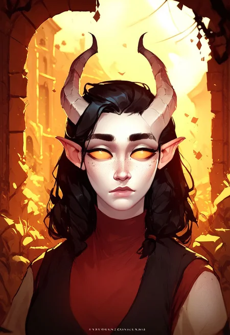 score_9, score_8_up, 8, score_7_up, score_6_up, ((masterpiece)), solo, portrait,
Tiefling, pointed ears, horns, colored sclera, 1Girl, black hair, white skin, freckles, thick eyebrows, shirt, tail
Fantasy ruins of the scenery