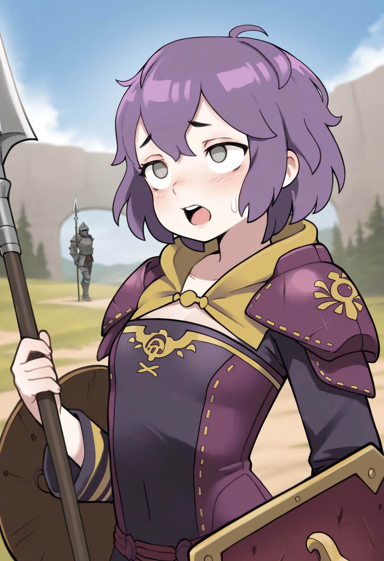 masterpiece,best quality,amazing quality,
bernadetta von varley, 1girl, armor, grey eyes, purple hair, polearm, weapon, shield, short hair, holding, holding weapon, open mouth, solo, full armor, spear, upper body, holding polearm,
 <lora:Qtkat:1>