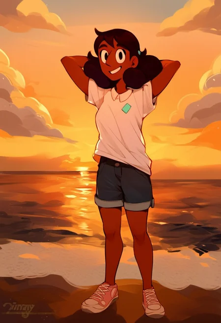 source_cartoon, rating_safe, <lora:Connie_Maheswaran_for_PonyXL:1>, connie_maheswaran, 1girl, solo, shorts, shirt, shoes, full body, standing, on the beach, sunny day, clouds in the sky, ocean, smile, happy, score_9, score_8_up, score_7_up, score_6_up, score_5_up, score_4_up